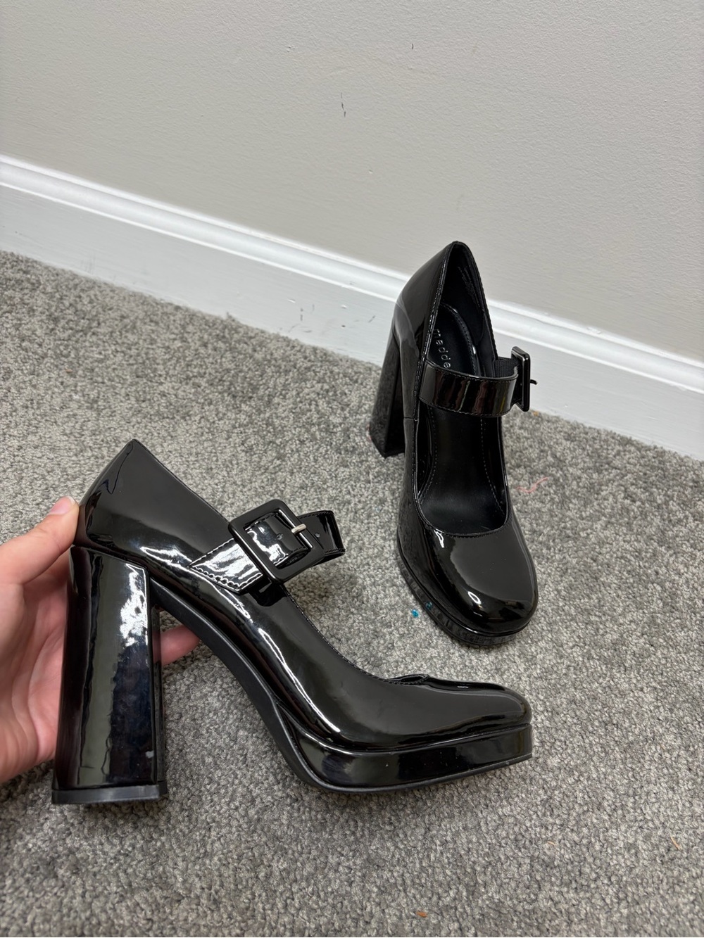 Black Patent Mary Jane Block chunky platform buckle Heel Pumps